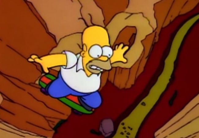 Homer springt mit dem Skateboard über die Teufelsschlucht.