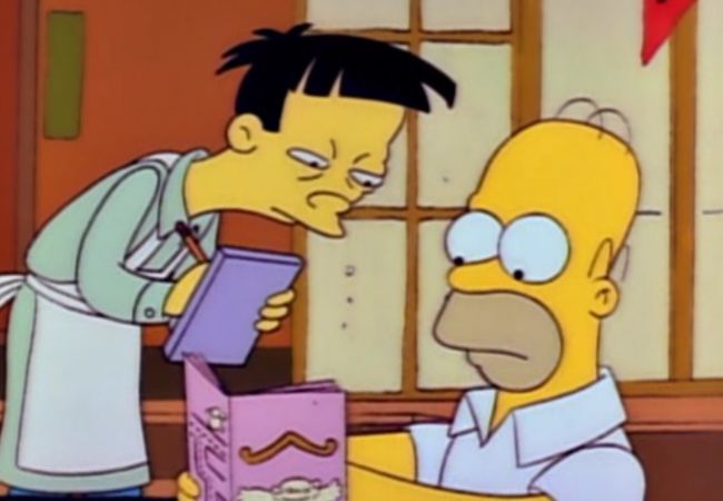 Homer gibt seine Bestellung im japanischen Restaurant auf.