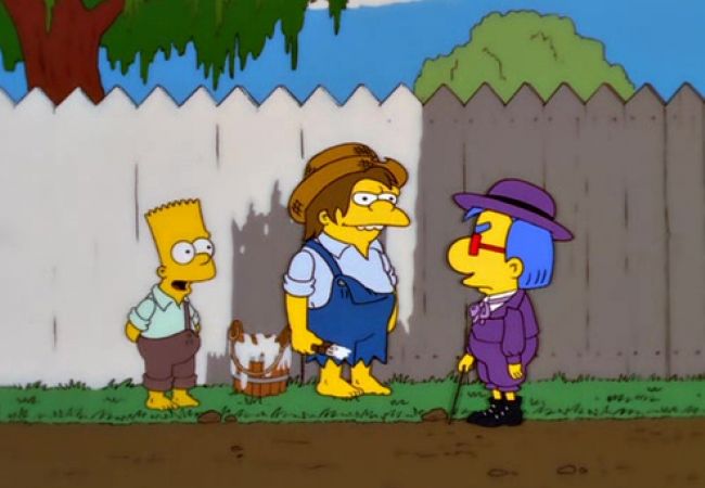 Milhouse, Bart und Nelson in einer Tom Sawyer Parodie