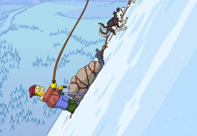 Szene aus "Die Simpsons - Der Film": Homer und sein Husky-Schlitten