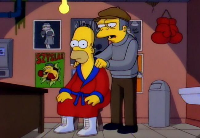 Moe trainiert Homer für einen Boxkampf.