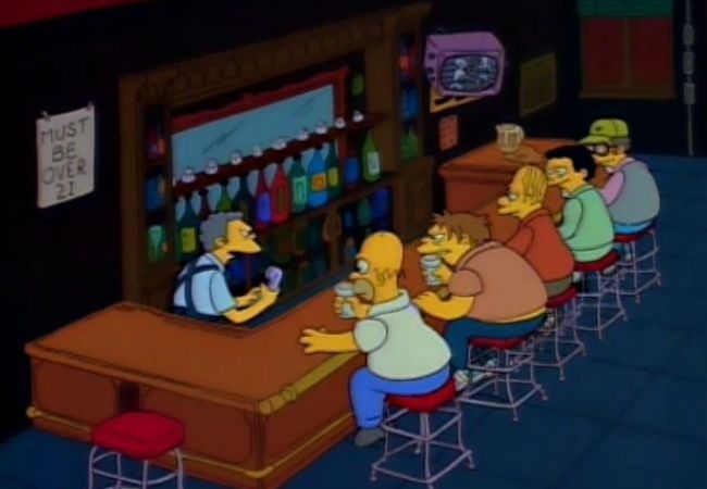 Die üblichen Besucher in Moe's Tavern: Homer Simpson, Barney und weitere Saufkumpane
