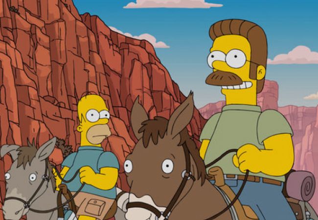Homer Simpson und Ned Flanders reiten auf Maultieren.