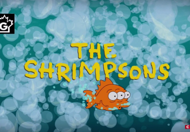 Schriftzug die Shrimpsons unter Wasser mit dem dreiäugigen Fisch Blinky