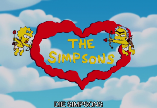 Maggie und Gerald mit einer Herzbandarole um den Simpsons-Schriftzug