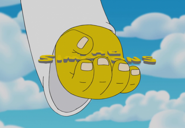 Der Simpsons-Schriftzug ist spiegelverkehr. Die Hand Gottes kommt ins Bild und dreht ihn um.