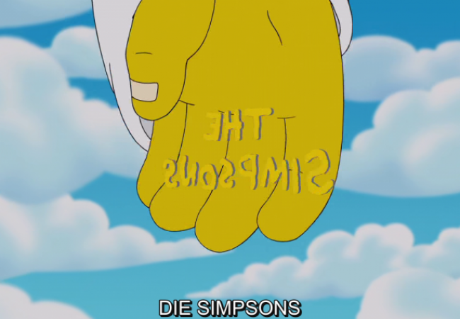 Der Simpsons-Schriftzug ist spiegelverkehrt und wird von der Hand Gottes umgedreht.
