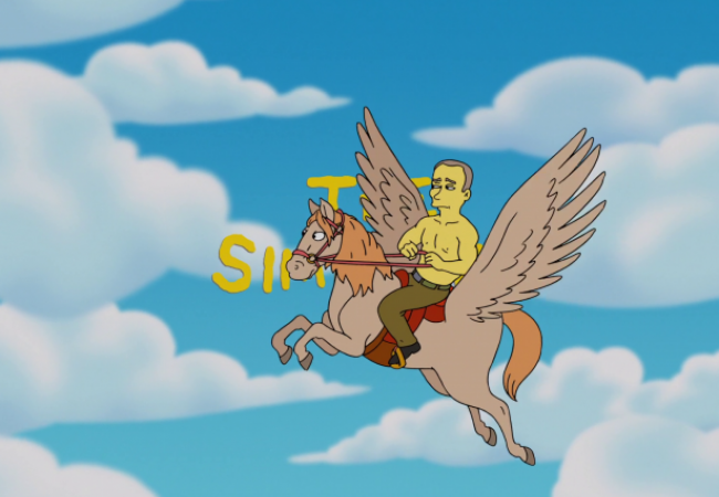 Der russische Präsident Putin reitet oberkörperfrei frei auf einem geflügelten Pferd der Air Force One hinterher.