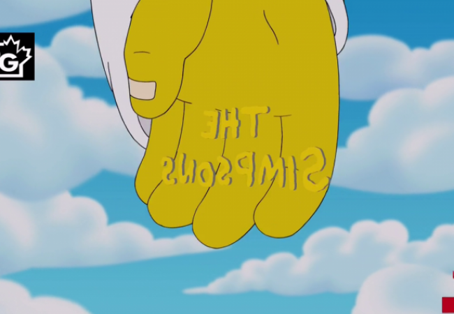 Der Simpsons-Schritzug ist spiegelverkehrt und wird von der Hand Gottes umgedreht.